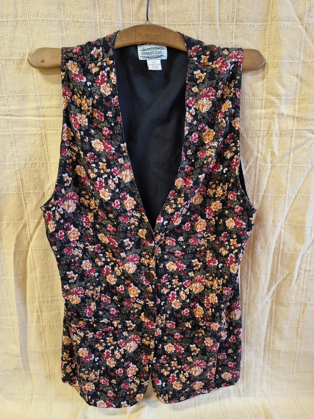 Vintage 90's Seperate Scene Black Floral Button-Front Tunic Vest Size Lg